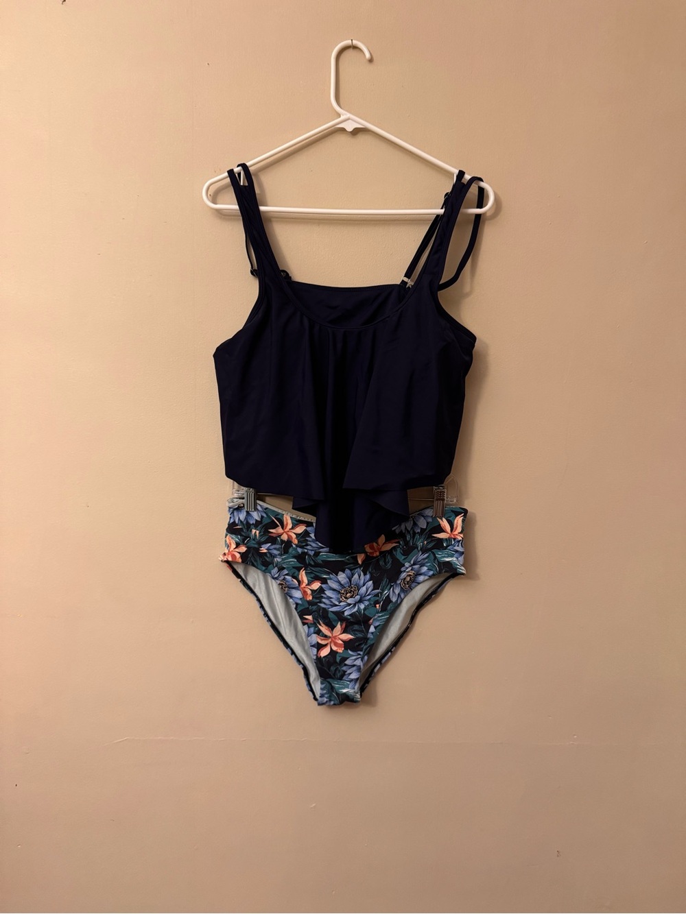 Navy Flutter Tankini Top with Floral High-Waist Bikini Bottoms
